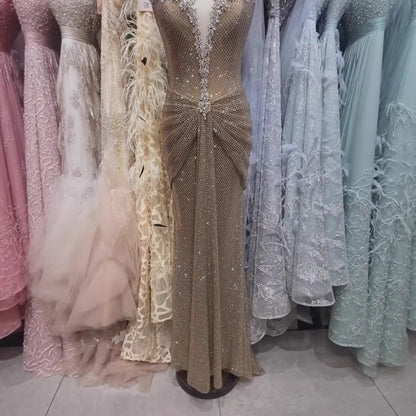 Luxury Gold Crystal Beaded Mermaid Evening Dress LA73491 - SERENE  HILL