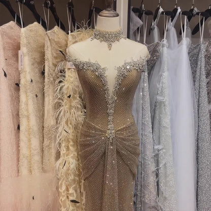 Luxury Gold Crystal Beaded Mermaid Evening Dress LA73491 - SERENE  HILL