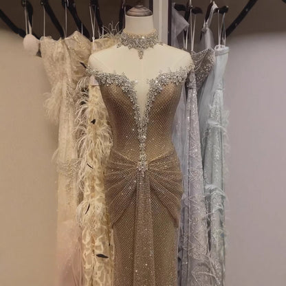 Luxury Gold Crystal Beaded Mermaid Evening Dress LA73491 - SERENE  HILL