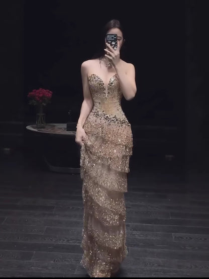 Luxury Arabic Gold Strapless Crystal Beaded Evening Dress LA73492 - SERENE  HILL