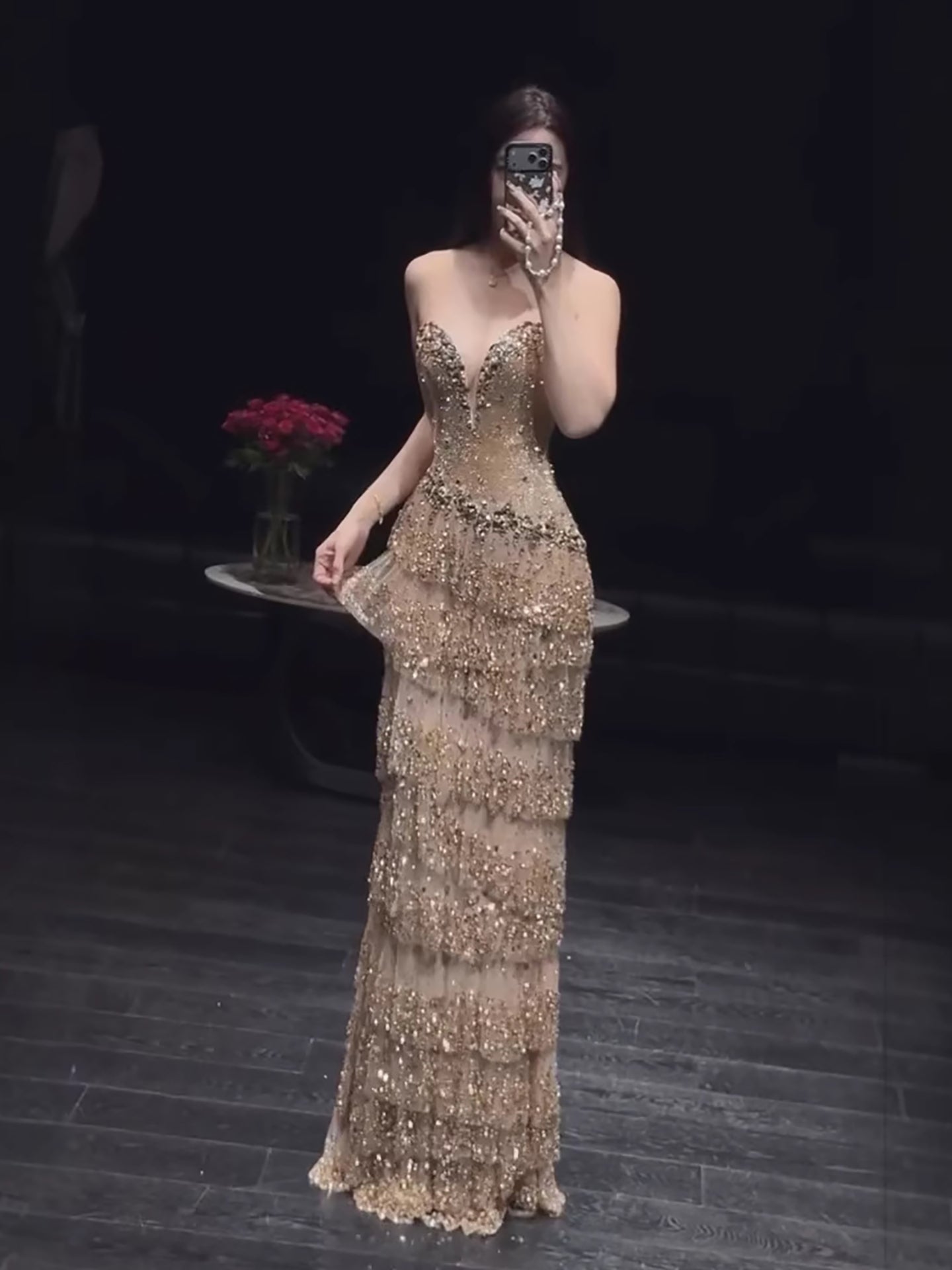 Luxury Arabic Gold Strapless Crystal Beaded Evening Dress LA73492 - SERENE  HILL