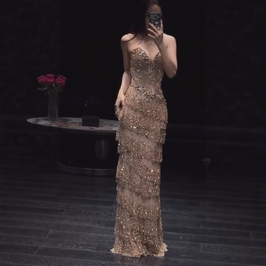 Luxury Arabic Gold Strapless Crystal Beaded Evening Dress LA73492 - SERENE  HILL