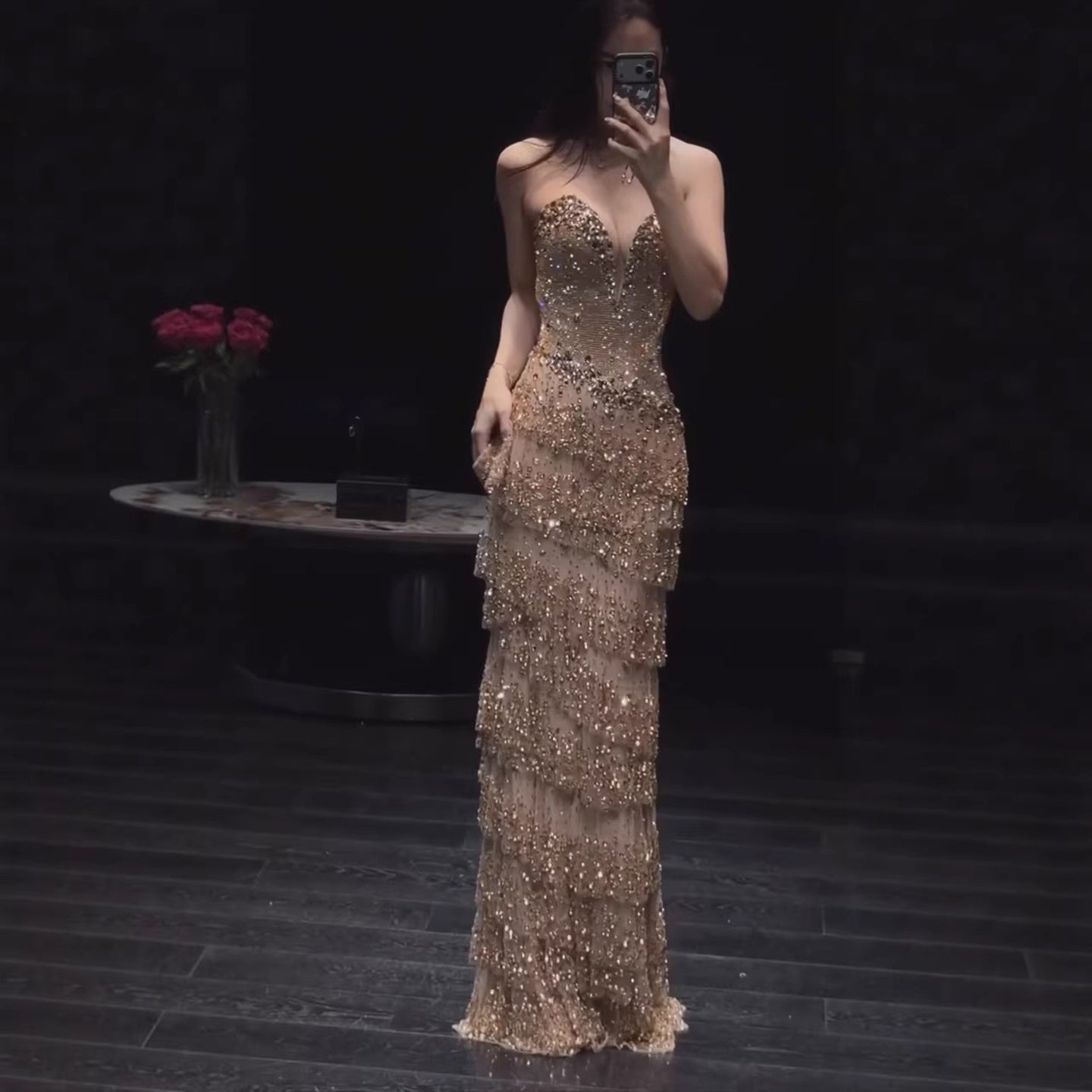 Luxury Arabic Gold Strapless Crystal Beaded Evening Dress LA73492 - SERENE  HILL