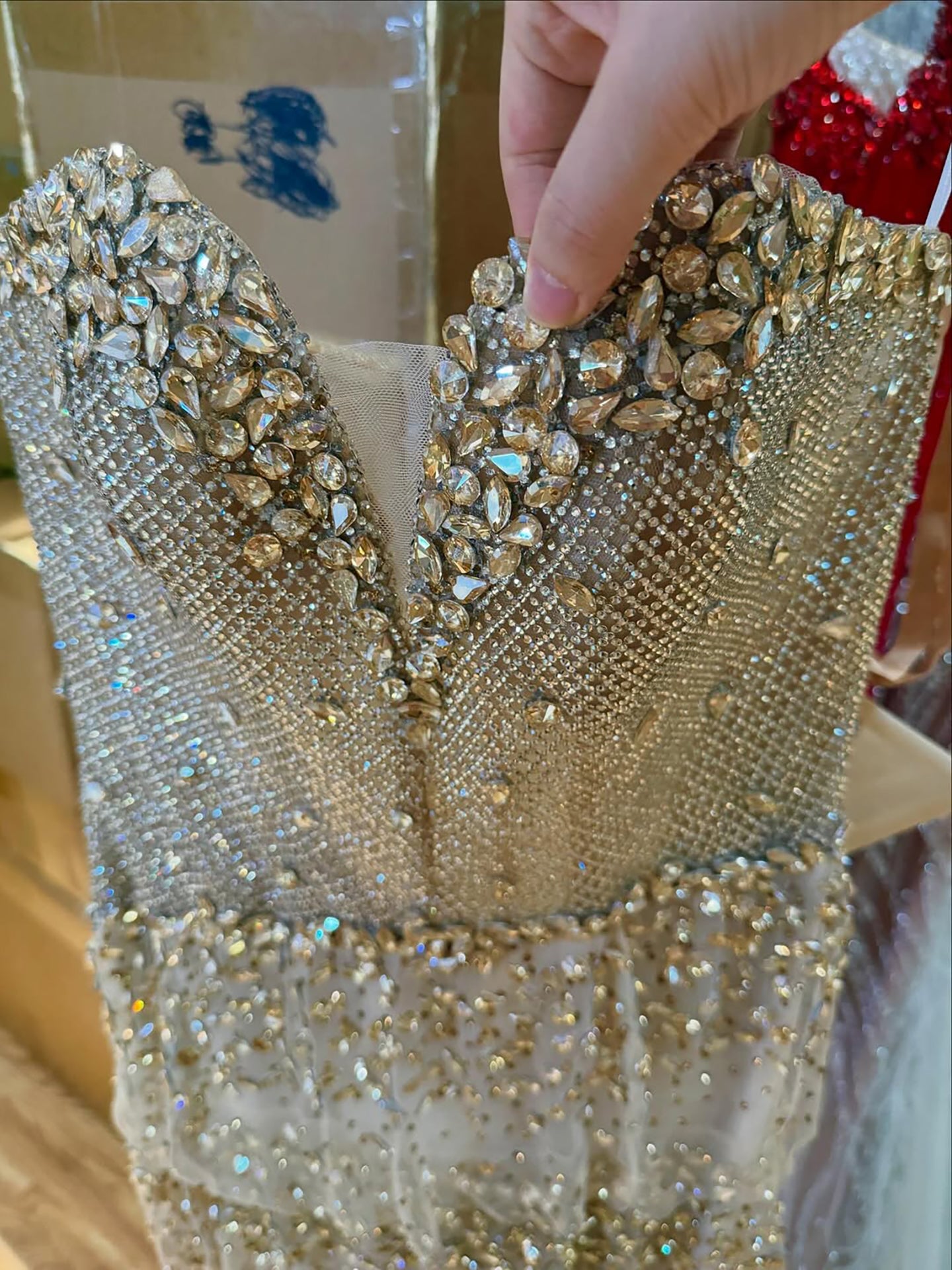Luxury Arabic Gold Strapless Crystal Beaded Evening Dress LA73492