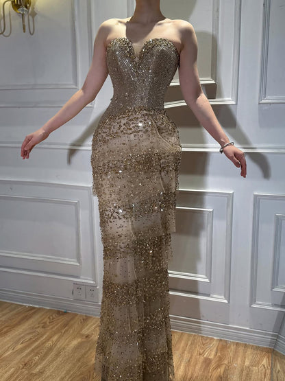 Luxury Arabic Gold Strapless Crystal Beaded Evening Dress LA73492