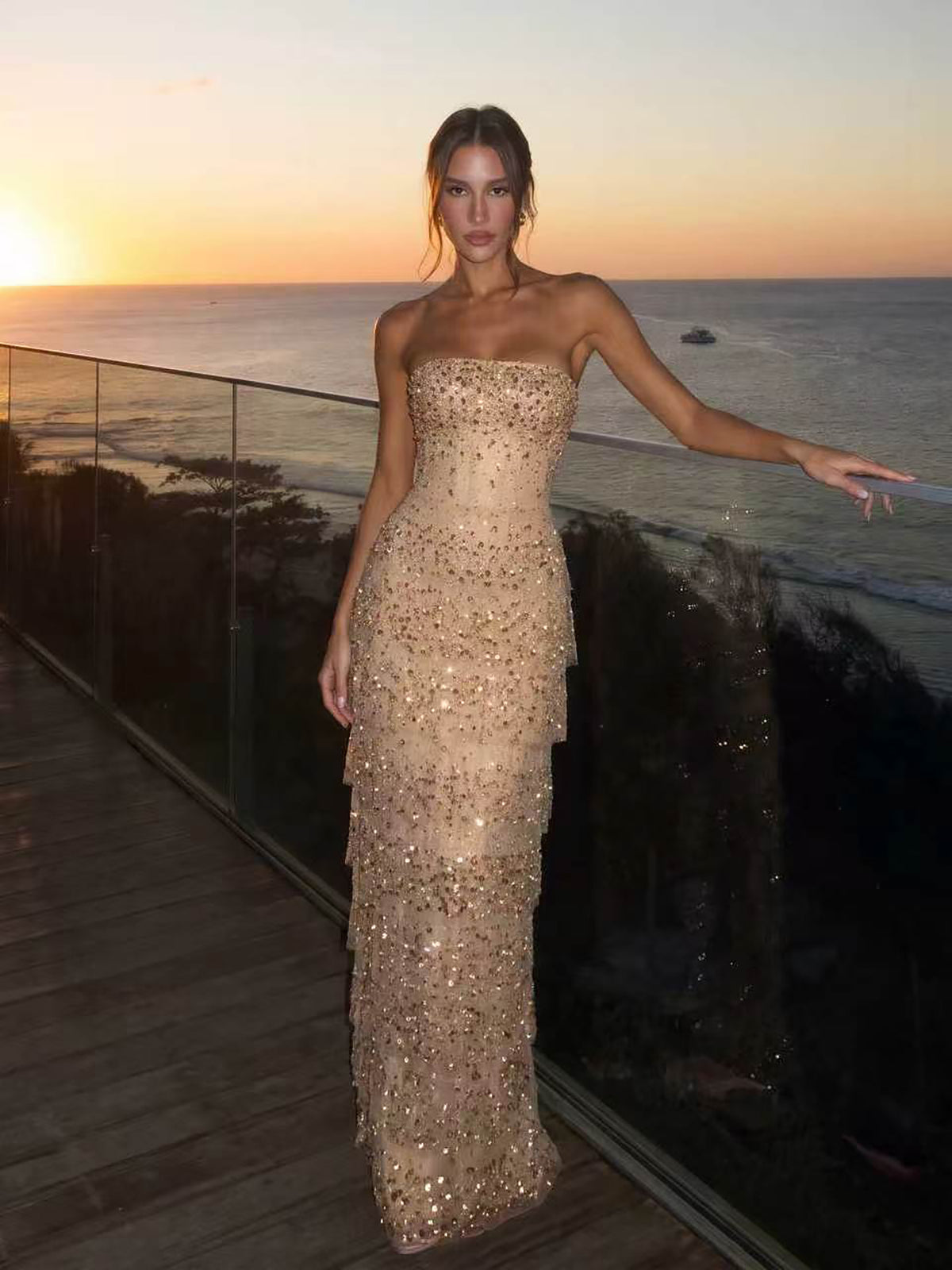 Glamorous Gold Crystal Beaded Strapless Mermaid Gown LA73492B