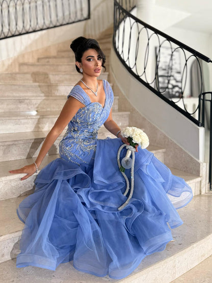 Luxury Blue Off The Shoulder Beaded Mermaid Evening Dress LA73503