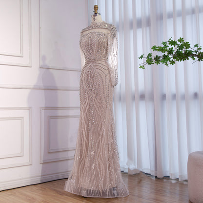 Luxury Nude Modest Long Sleeves Diamond Beaded Mermaid Evening Dress LA73504 - SERENE  HILL