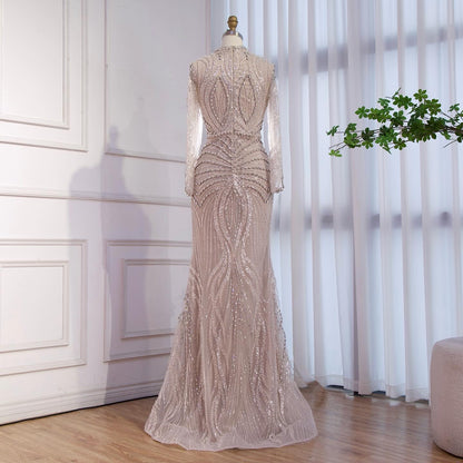 Luxury Nude Modest Long Sleeves Diamond Beaded Mermaid Evening Dress LA73504 - SERENE  HILL