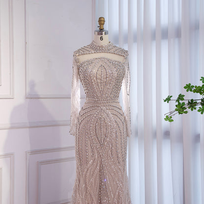 Luxury Nude Modest Long Sleeves Diamond Beaded Mermaid Evening Dress LA73504 - SERENE  HILL