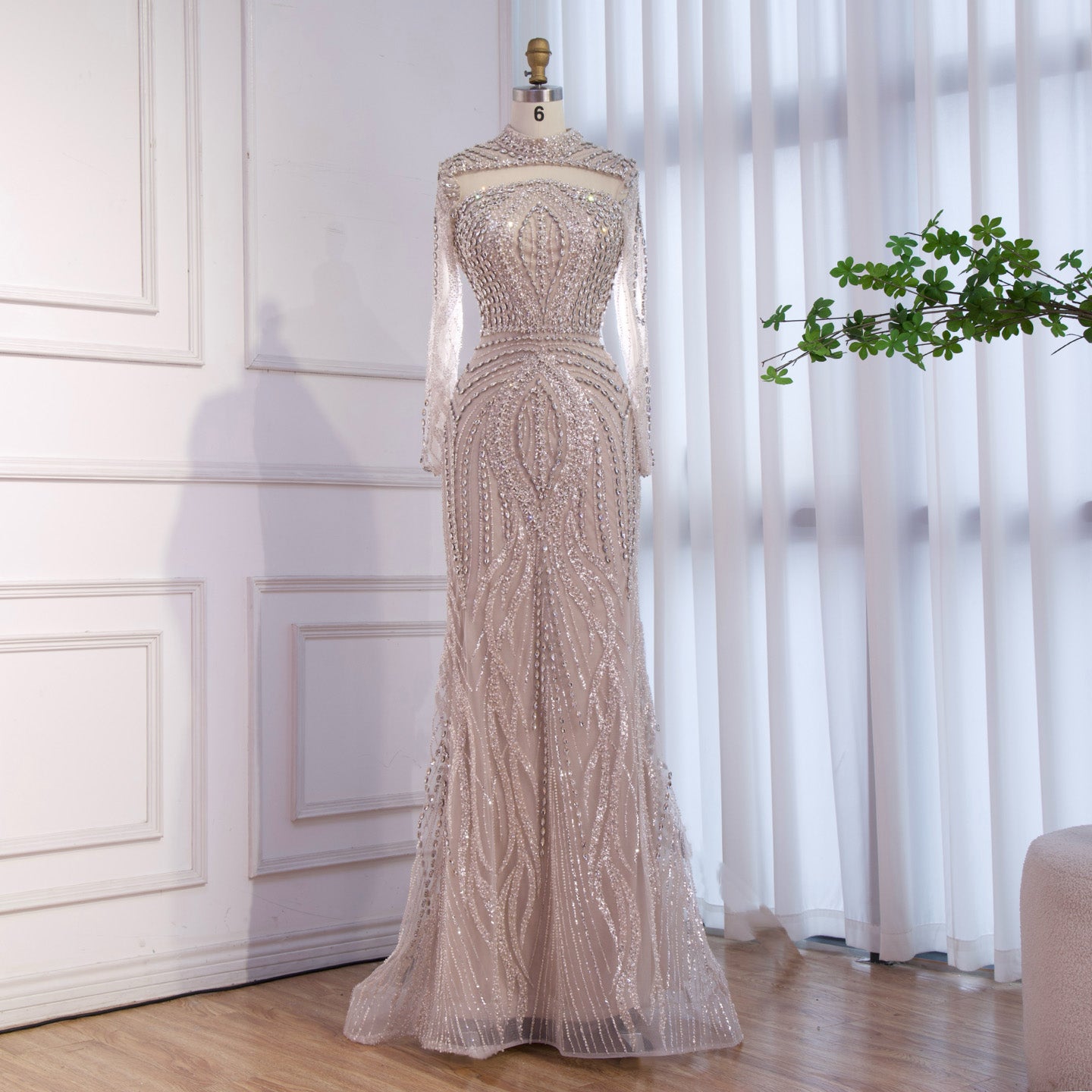 Luxury Nude Modest Long Sleeves Diamond Beaded Mermaid Evening Dress LA73504 - SERENE  HILL