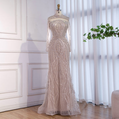 Luxury Nude Modest Long Sleeves Diamond Beaded Mermaid Evening Dress LA73504 - SERENE  HILL