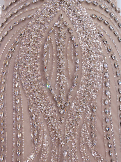 Nude High Neck Long Sleeve Crystal Beaded Mermaid Evening Dress LA73504A