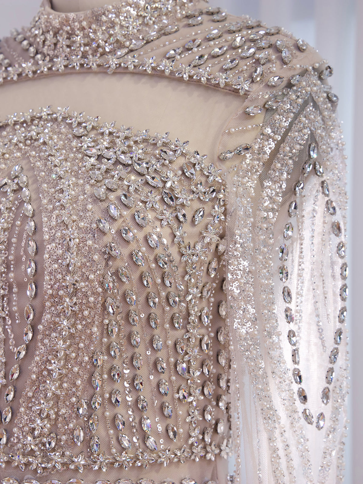 Nude High Neck Long Sleeve Crystal Beaded Mermaid Evening Dress LA73504A