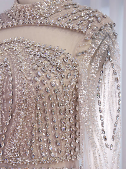 Nude High Neck Long Sleeve Crystal Beaded Mermaid Evening Dress LA73504A