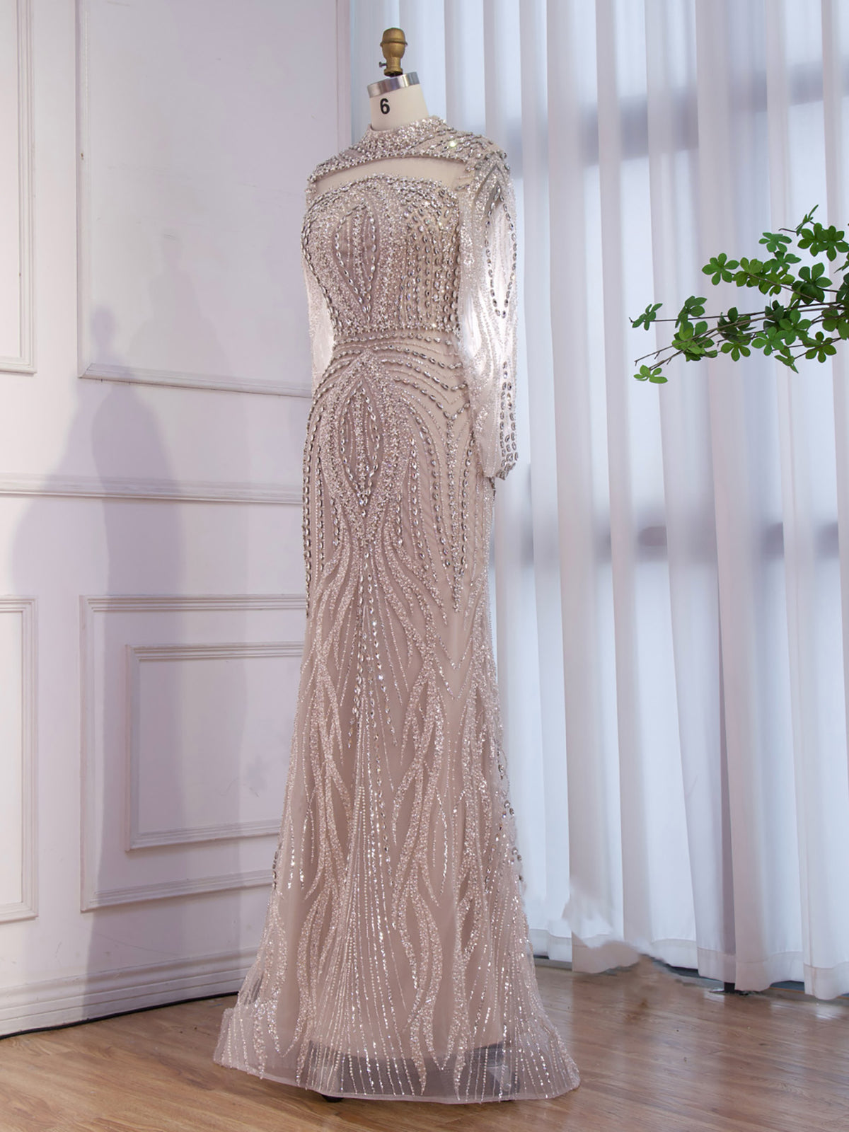 Nude High Neck Long Sleeve Crystal Beaded Mermaid Evening Dress LA73504A
