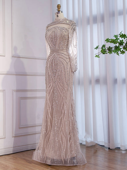 Nude High Neck Long Sleeve Crystal Beaded Mermaid Evening Dress LA73504A