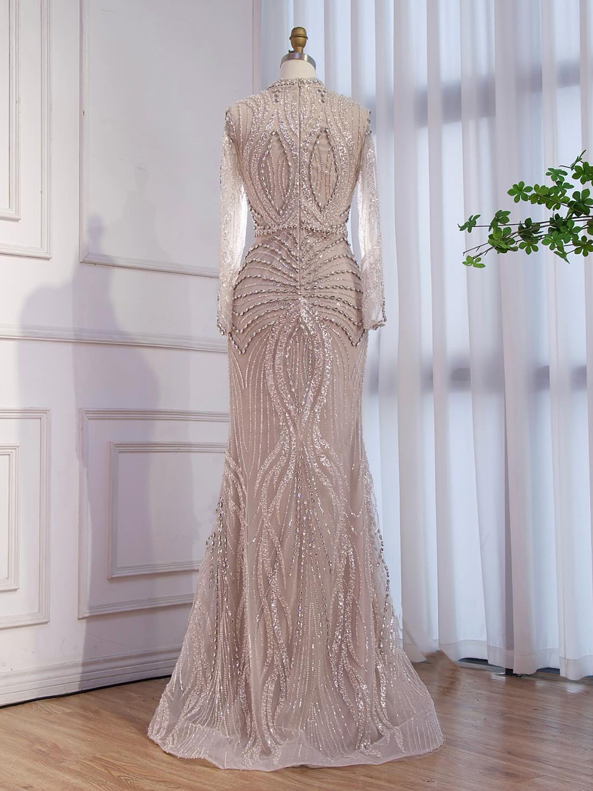 Nude High Neck Long Sleeve Crystal Beaded Mermaid Evening Dress LA73504A