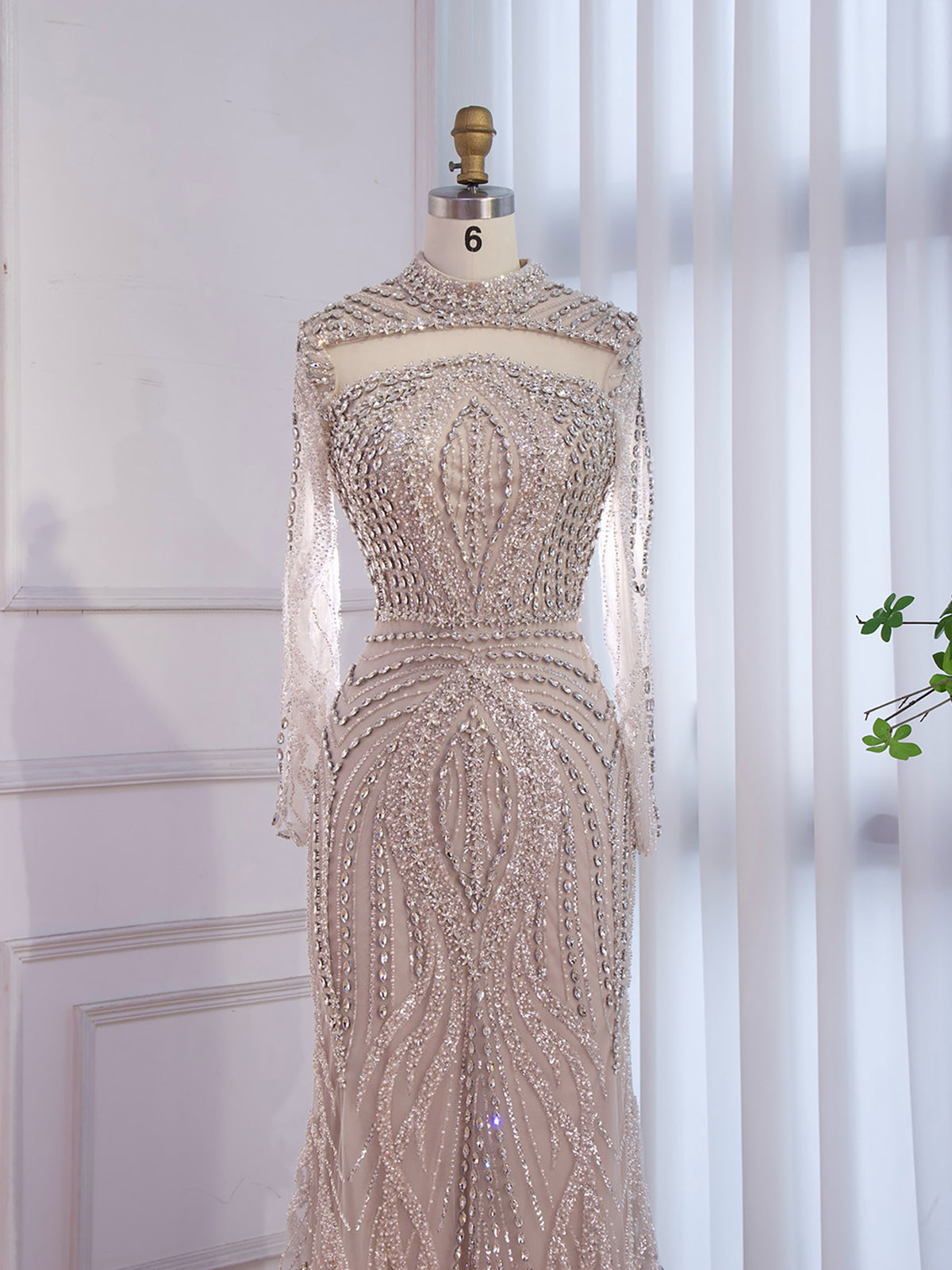 Nude High Neck Long Sleeve Crystal Beaded Mermaid Evening Dress LA73504A