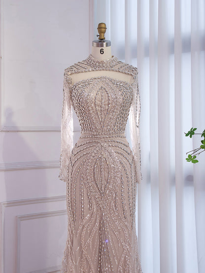 Nude High Neck Long Sleeve Crystal Beaded Mermaid Evening Dress LA73504A
