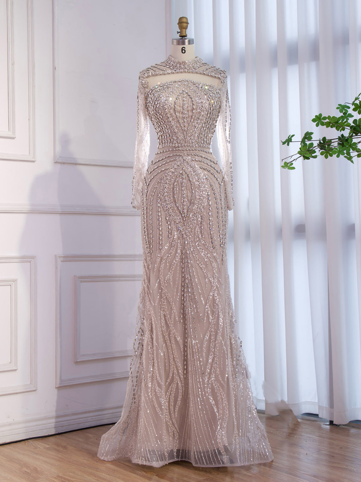 Nude High Neck Long Sleeve Crystal Beaded Mermaid Evening Dress LA73504A