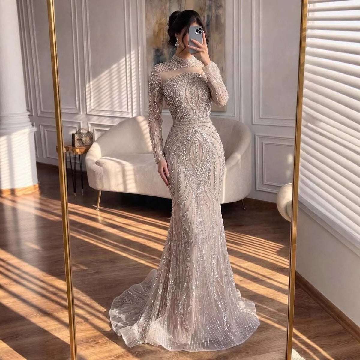Nude High Neck Long Sleeve Crystal Beaded Mermaid Evening Dress LA73504A