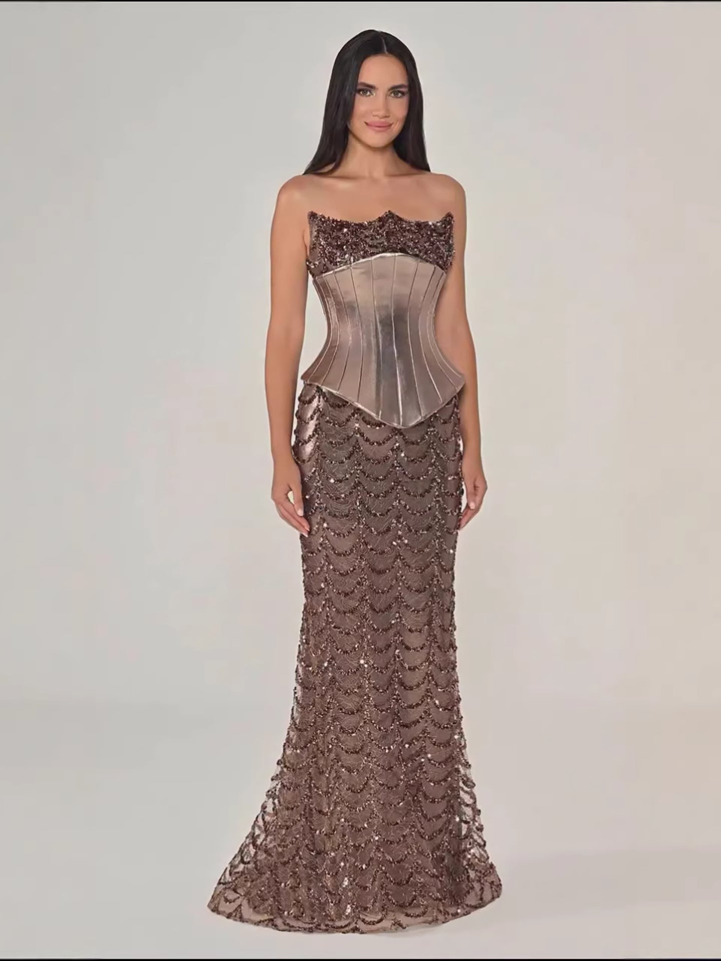 Luxury Coffee Strapless Beaded Corset Mermaid Evening Dress LA73505