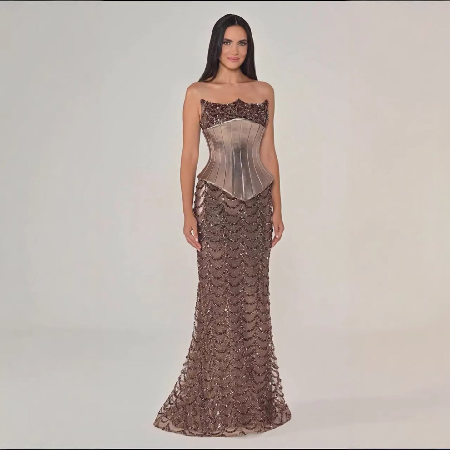 Luxury Coffee Strapless Beaded Corset Mermaid Evening Dress LA73505