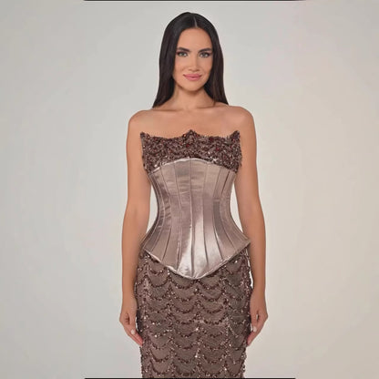 Luxury Coffee Strapless Beaded Corset Mermaid Evening Dress LA73505