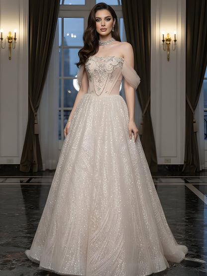 Luxury Beige Crystal Beaded A Line Evening Dress LA73506 - SERENE  HILL