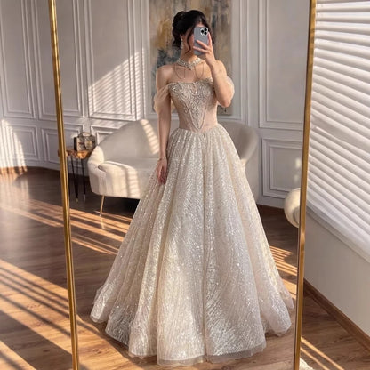 Luxury Beige Crystal Beaded A Line Evening Dress LA73506 - SERENE  HILL