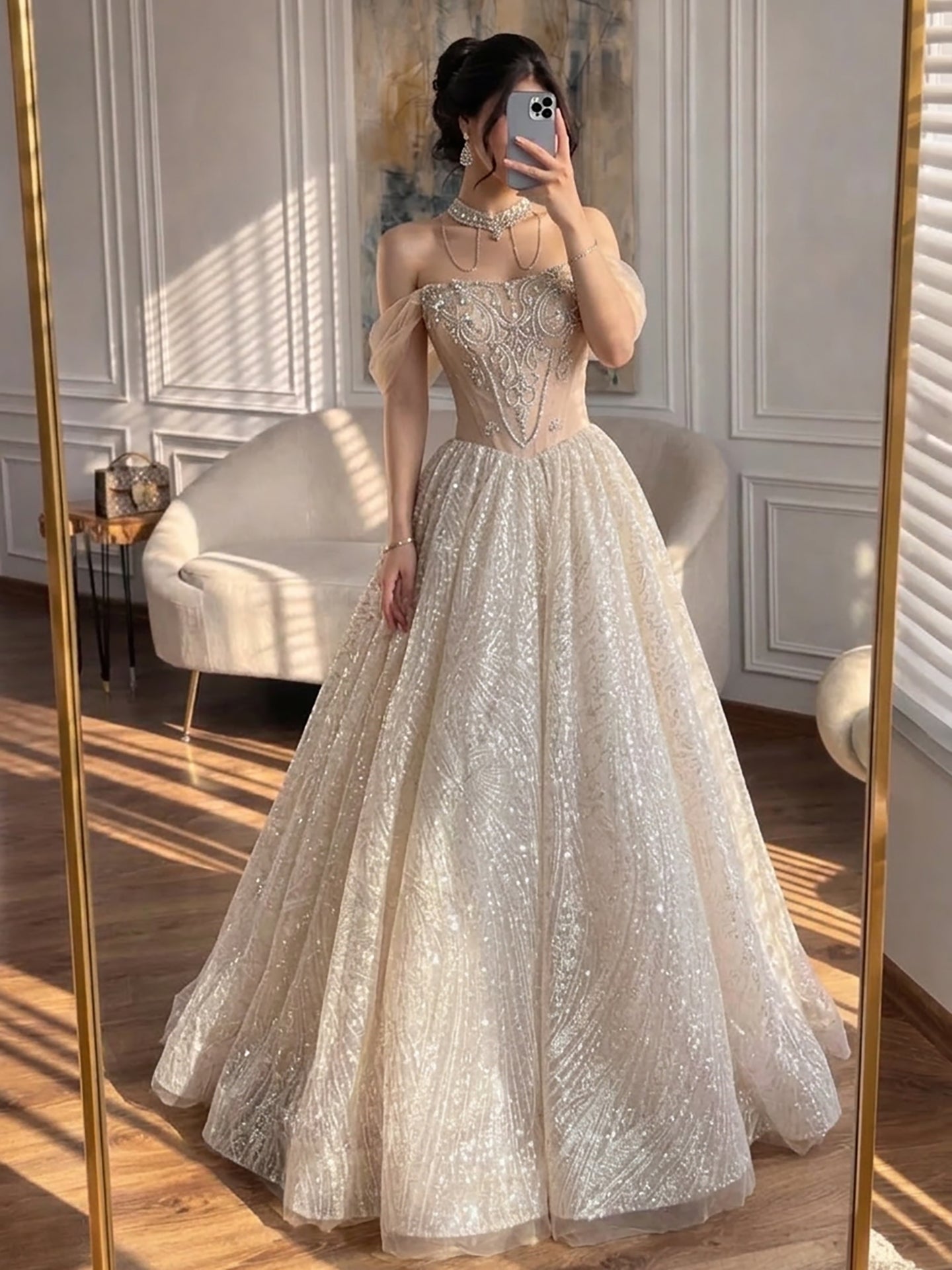 Luxury Beige Crystal Beaded A Line Evening Dress LA73506 Beige / 12