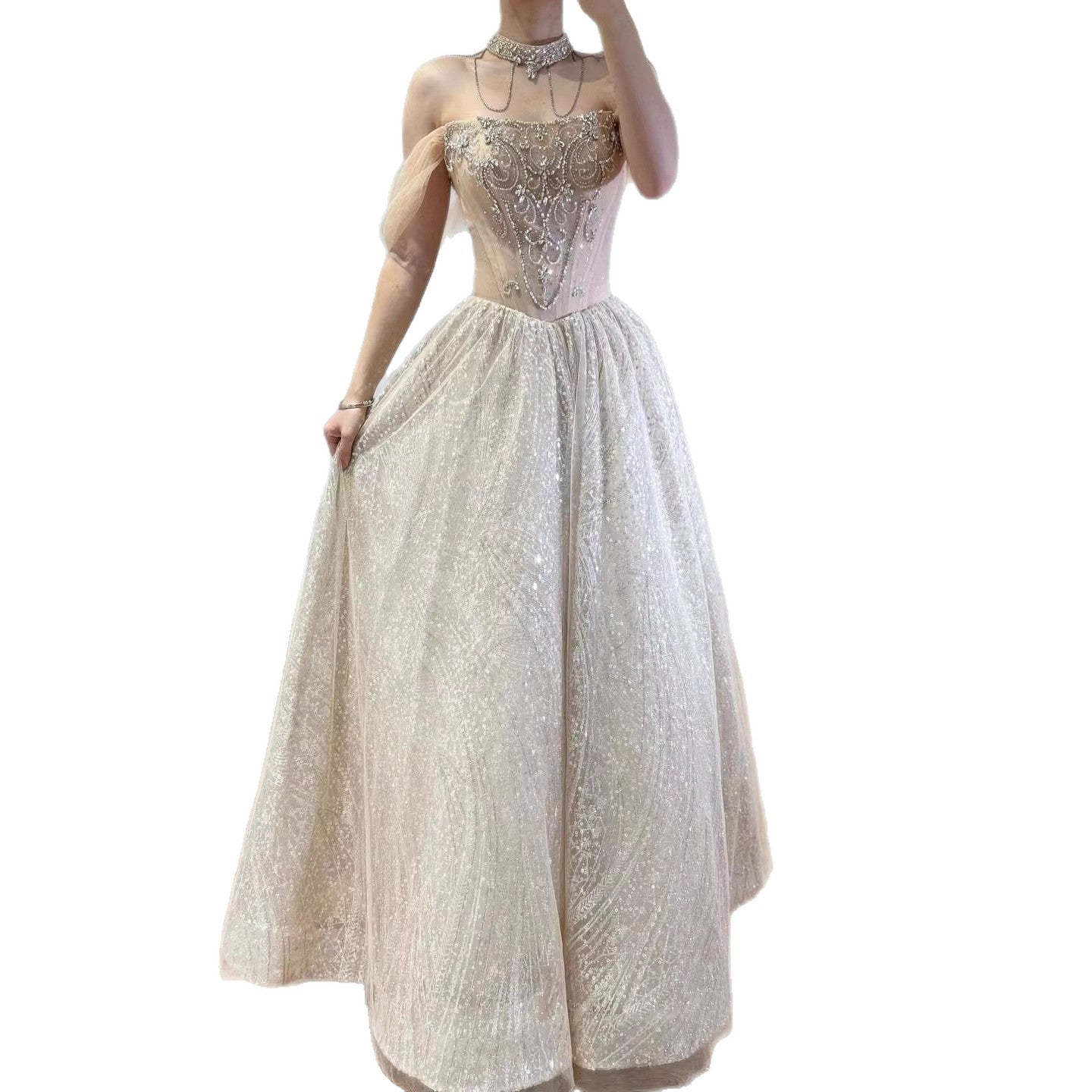 Luxury Beige Crystal Beaded A Line Evening Dress LA73506 - SERENE  HILL