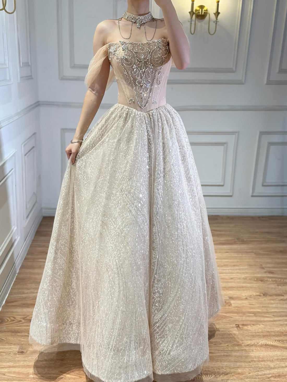 Luxury Beige Crystal Beaded A Line Evening Dress LA73506 - SERENE  HILL
