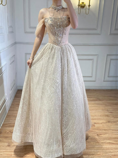 Luxury Beige Crystal Beaded A Line Evening Dress LA73506 - SERENE  HILL