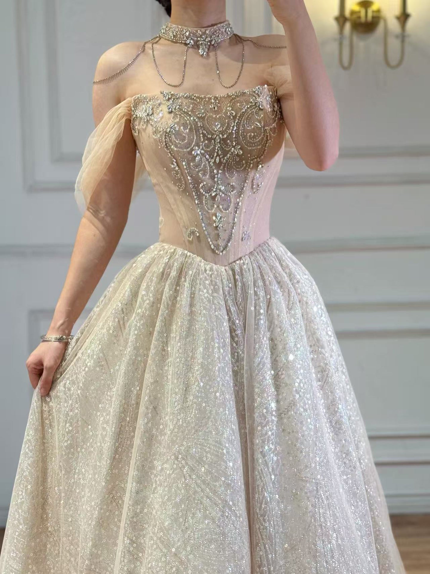 Luxury Beige Crystal Beaded A Line Evening Dress LA73506 - SERENE  HILL