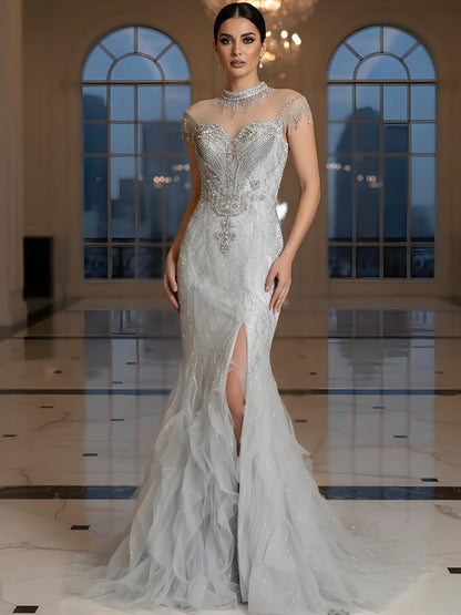 Luxury Gray Crystal Beaded Mermaid Evening Dress With Slit LA73507