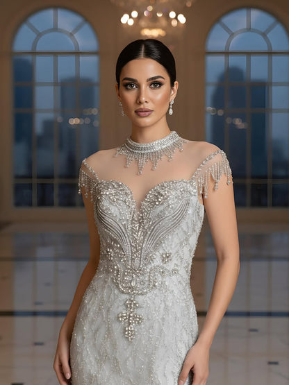 Luxury Gray Crystal Beaded Mermaid Evening Dress With Slit LA73507