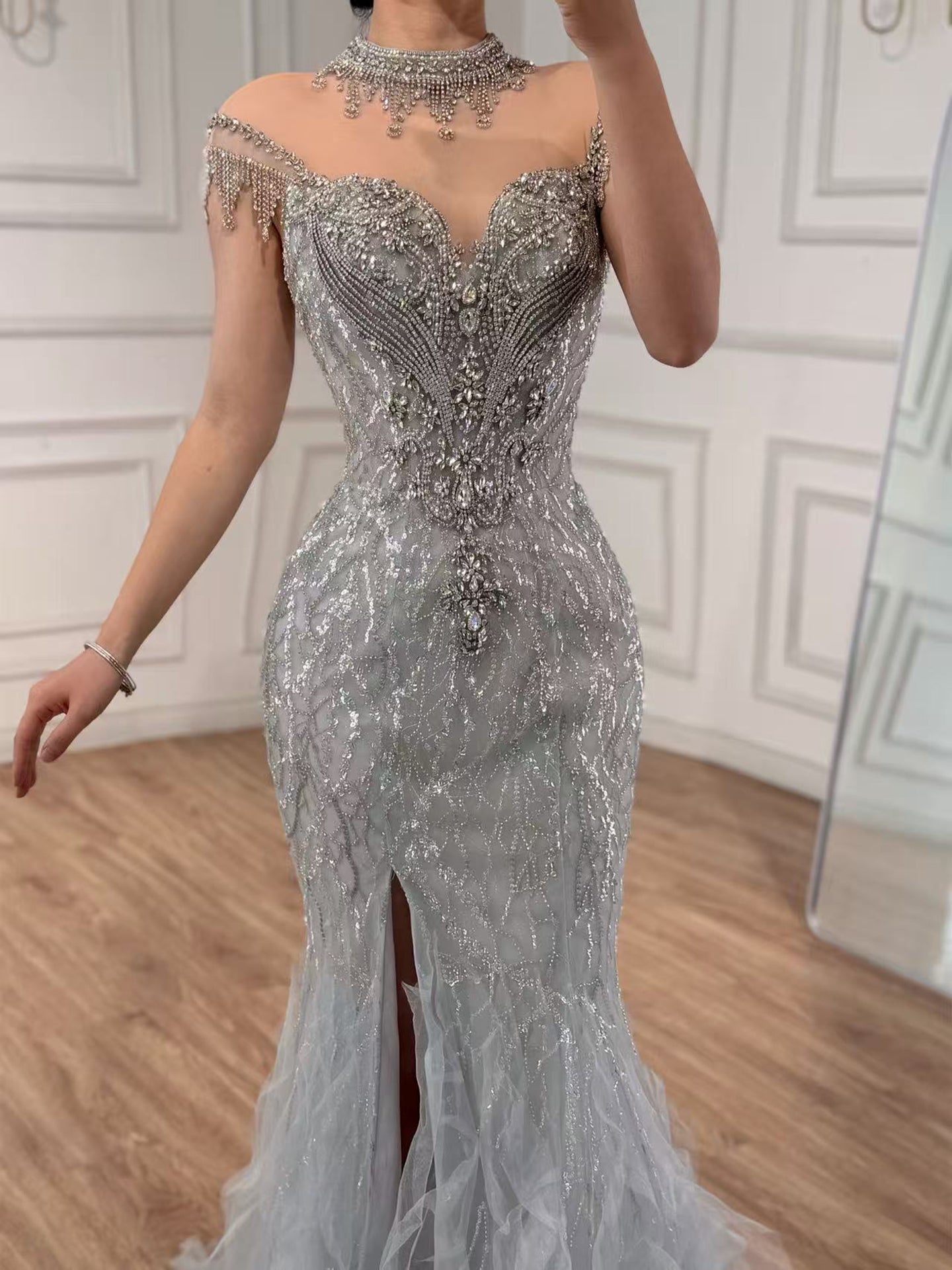 Luxury Gray Crystal Beaded Mermaid Evening Dress With Slit LA73507