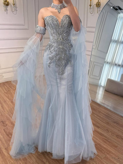 Luxury Blue Shoulder Long Sheer Sleeves Beaded Mermaid Evening Dress LA73509 - SERENE  HILL