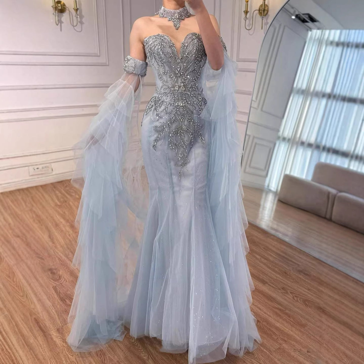 Luxury Blue Shoulder Long Sheer Sleeves Beaded Mermaid Evening Dress LA73509 - SERENE  HILL