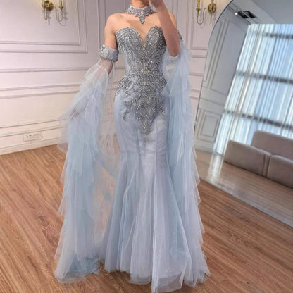 Luxury Blue Shoulder Long Sheer Sleeves Beaded Mermaid Evening Dress LA73509 - SERENE  HILL