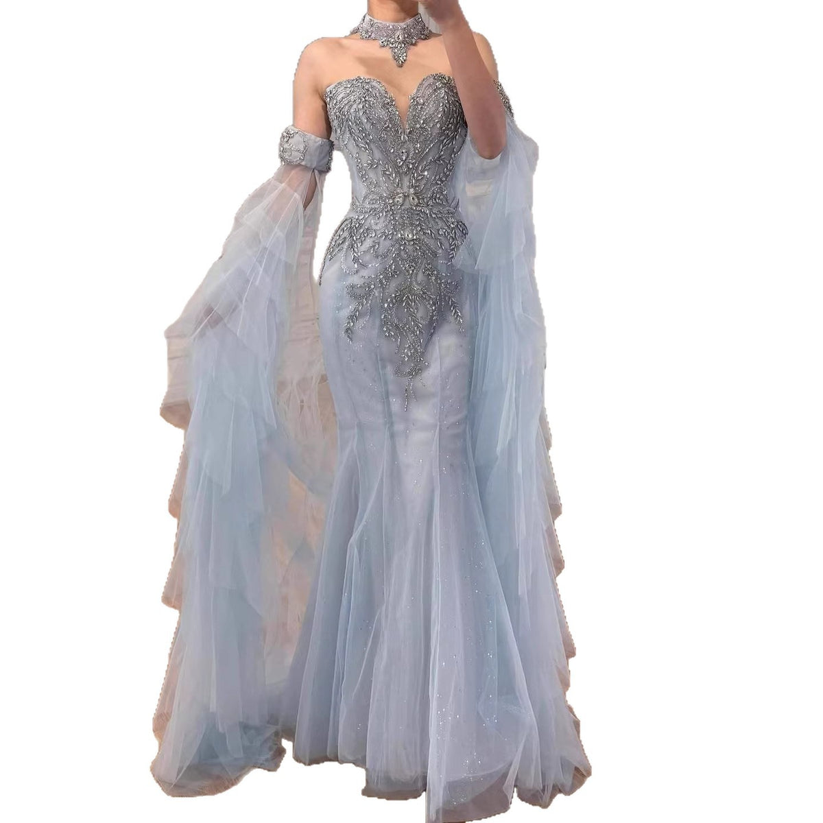 Luxury Blue Shoulder Long Sheer Sleeves Beaded Mermaid Evening Dress LA73509 - SERENE  HILL