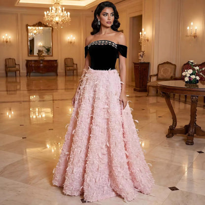 Luxury Pink Beaded Feather A-Line Off-Shoulder Evening Dress LA73510 - SERENE  HILL