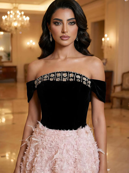 Luxury Pink Beaded Feather A-Line Off-Shoulder Evening Dress LA73510 - SERENE  HILL