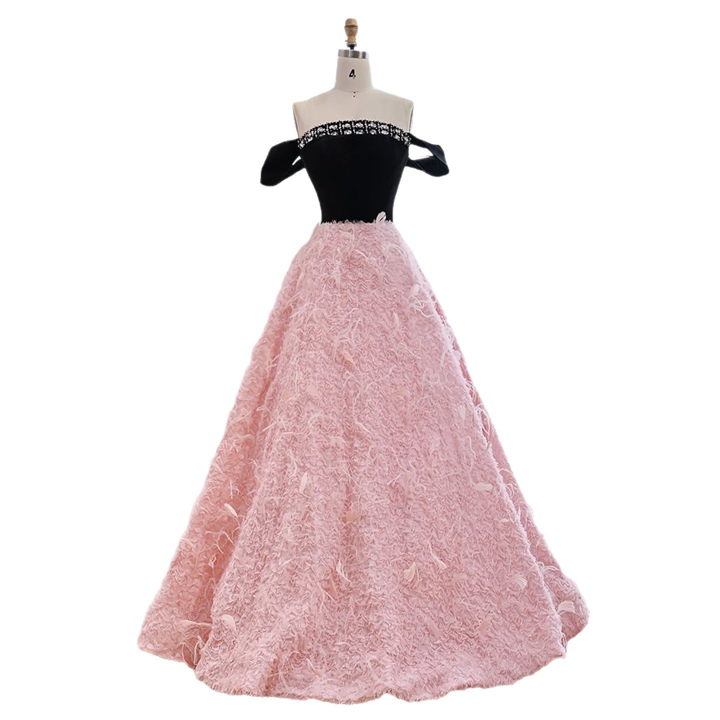 Luxury Pink Beaded Feather A-Line Off-Shoulder Evening Dress LA73510 - SERENE  HILL
