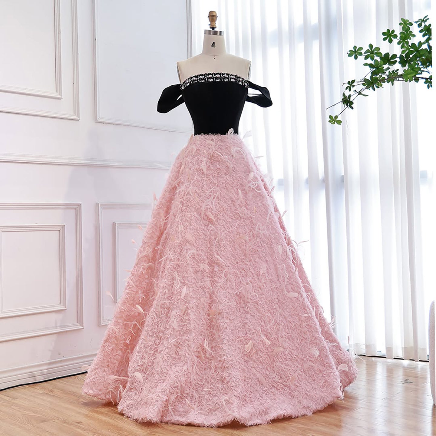 Luxury Pink Beaded Feather A-Line Off-Shoulder Evening Dress LA73510 - SERENE  HILL