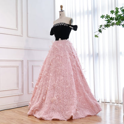 Luxury Pink Beaded Feather A-Line Off-Shoulder Evening Dress LA73510 - SERENE  HILL