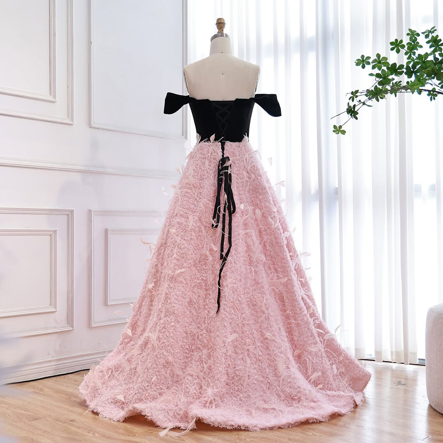 Luxury Pink Beaded Feather A-Line Off-Shoulder Evening Dress LA73510 - SERENE  HILL