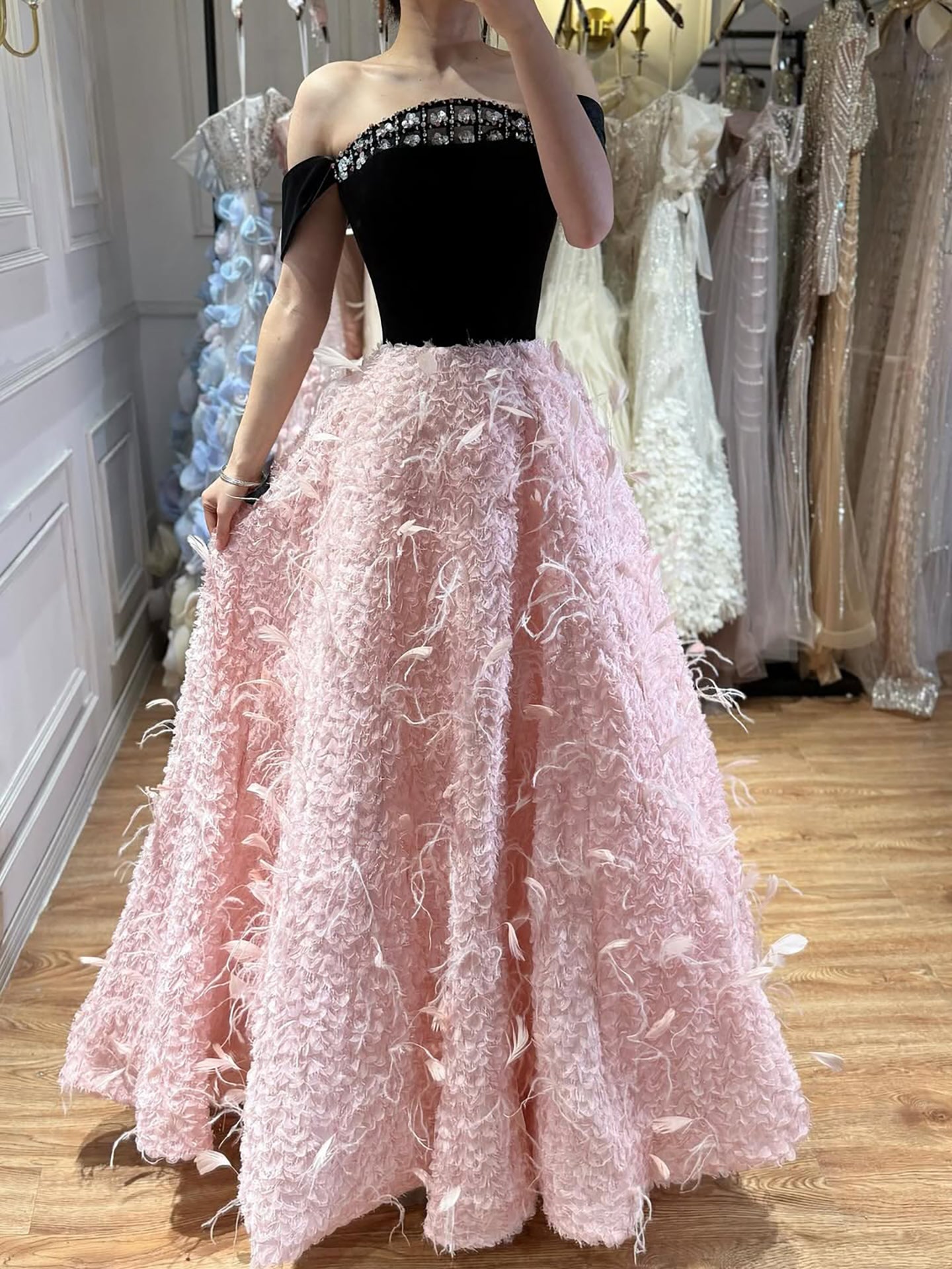 Luxury Pink Beaded Feather A-Line Off-Shoulder Evening Dress LA73510 - SERENE  HILL